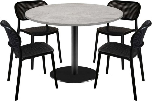 RestooTab Esstisch-Set Rome XL mit 4 Stühlen, runder Esstisch in Grau/Beton mit schwarzem Gestell, Durchmesser: 120 cm, Höhe: 75 cm - Bild 1