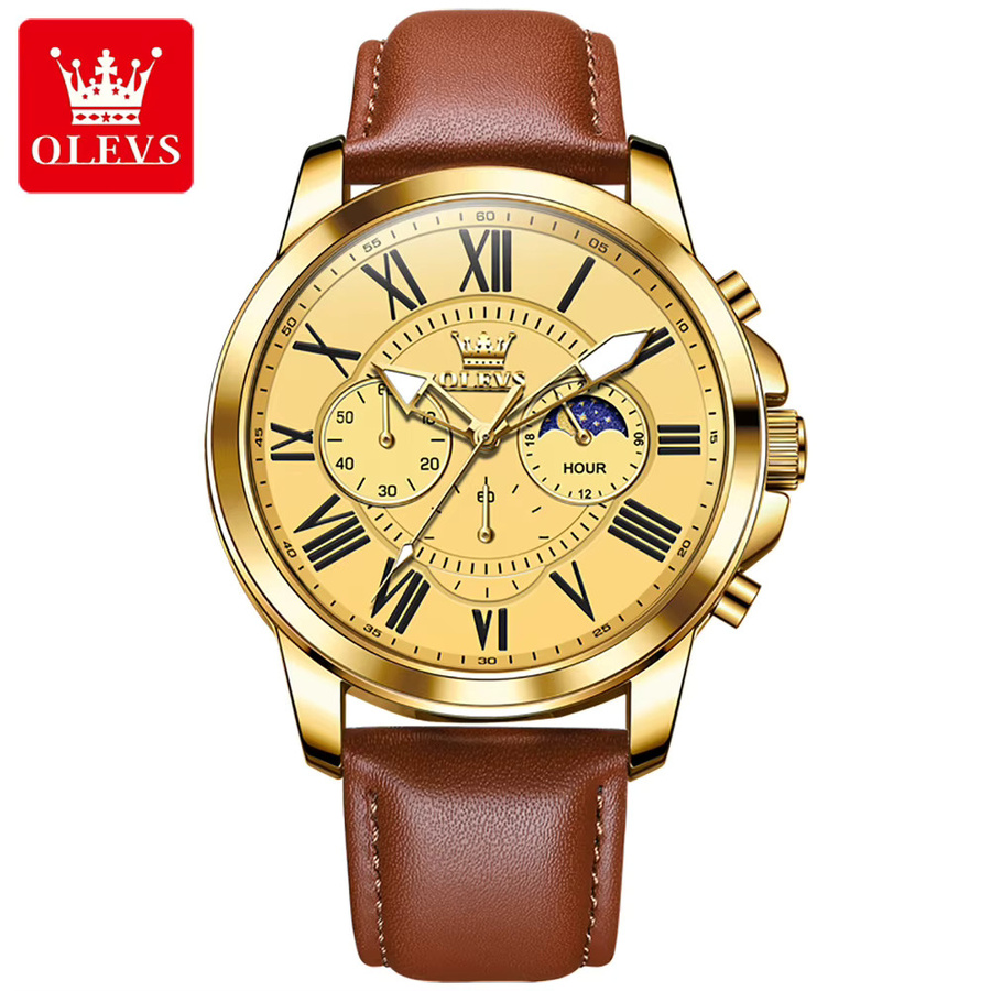 OLEVS Chronograph, Armbanduhr Quarz, Lederarmband, Gold, Herren - Bild 6