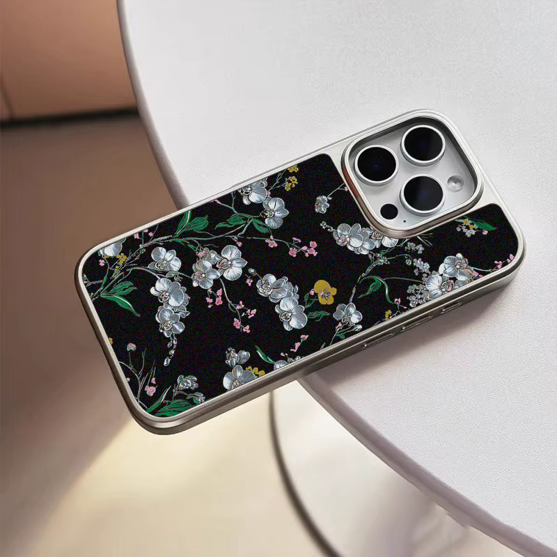 DecoPhone Handyhülle Jade Flower Silver Edge Frosted Anti-Sturz für iPhone 11 bis 17 Pro Max in Schwarz und Silber - Bild 3