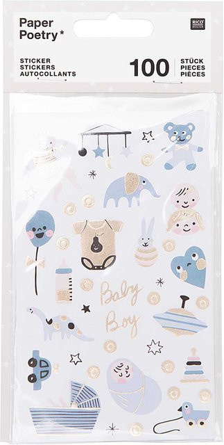 Rico Design Paper Poetry Sticker Hello Baby Junge in Hellblau, Rosa, Puder und Grau, 4 Blatt - Bild 1