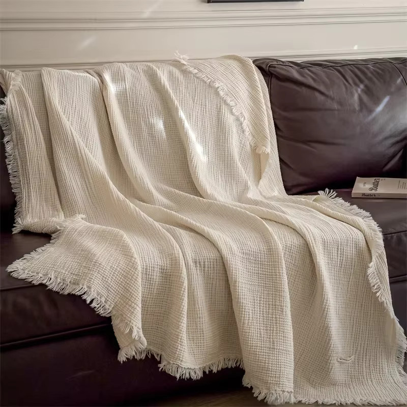 Y Home Quasten-Dekor Überwurfdecke aus 100 % Baumwolle, grob gestrickte Gaze-Decke mit Fransen, Beige oder Weiß - Bild 5