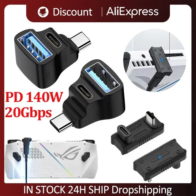 USB-C-Adapter mit 360-Grad-Winkel für Asus ROG Ally, 20 Gbit/s, 8K 60Hz und 180W PD, Schwarz - Bild 1