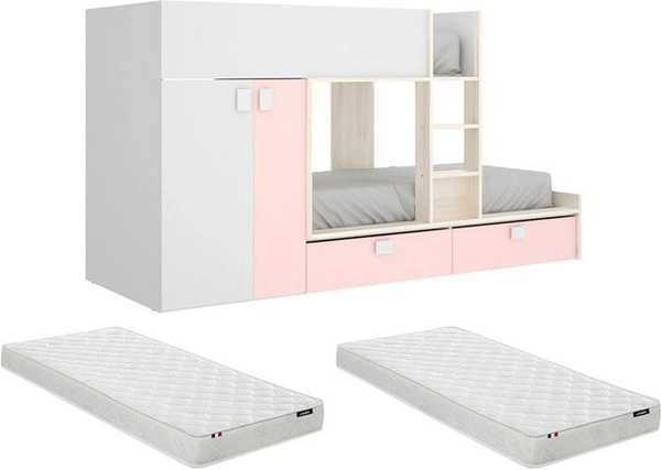 Vente-unique Etagenbett Juanito für Kinder in Puderrosa Weiß, B/T/H: 90 x 190 cm, Höhe: 275 cm