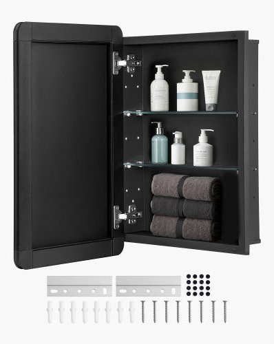 VEVOR Badezimmerschrank mit Spiegel, Wandmontage oder Einbau, Aluminiumrahmen in Schwarz, 2 verstellbare Regalböden, Glasfronten - Bild 1