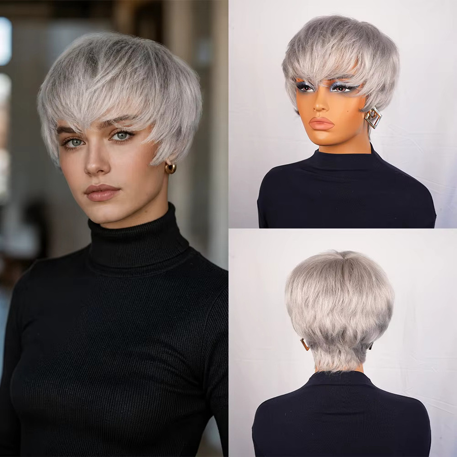 OYM HAIR Echthaar-Perücke, Pixie-Schnitt, grau, lockig, mit Pony - Bild 2