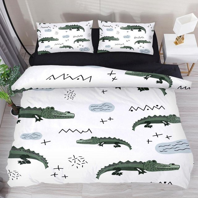 Flylo Bettwäsche-Set mit Krokodil-Wildtier-Muster für Kinder und Teenager, 3-teilig, Weiß, B/H: 140 x 210 cm - Bild 1