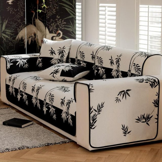 Chenille Sofamatte im chinesischen Stil mit Bambus-Jacquard-Muster und schwarzer Einfassung, rutschfest und waschbar, B/T: 90 x 150 cm - Bild 1