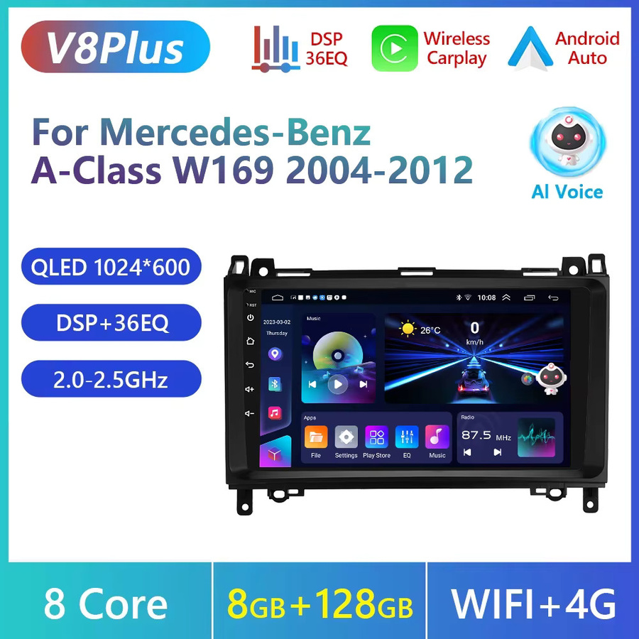 Podofo 2Din 9 Zoll Multimedia Autoradio mit Carplay und Android Auto sowie WiFi für Mercedes Benz B200 Sprinter W169 W245 W906 Vito in Schwarz - Bild 4