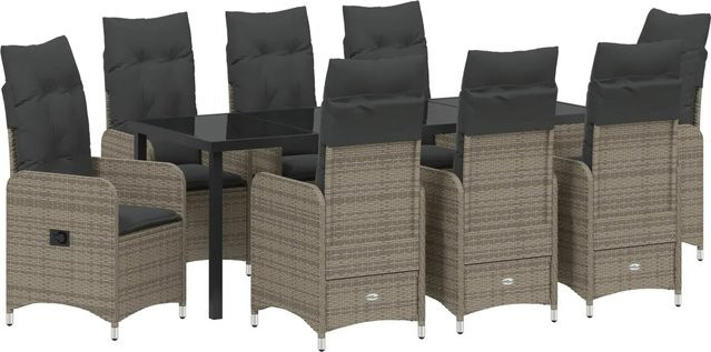 vidaXL 9-teiliges Garten-Esstischset aus Polyrattan mit Kissen in Grau und Glastischplatte - Bild 1