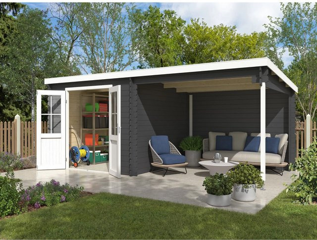 Lasita Gartenhaus Orlando Blockhaus mit Anbaudach in Dunkelgrau, Wandstärke 28 mm, B/T/H: 595 x 309 x 211 cm - Bild 1
