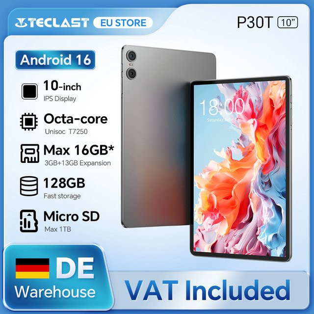 Teclast P30T Android 16 Tablet in Grau mit 10,1 Zoll IPS Display, Unisoc T7250 Octa-Core, 16GB RAM, 128GB Speicher und 6000mAh Akku - Bild 1