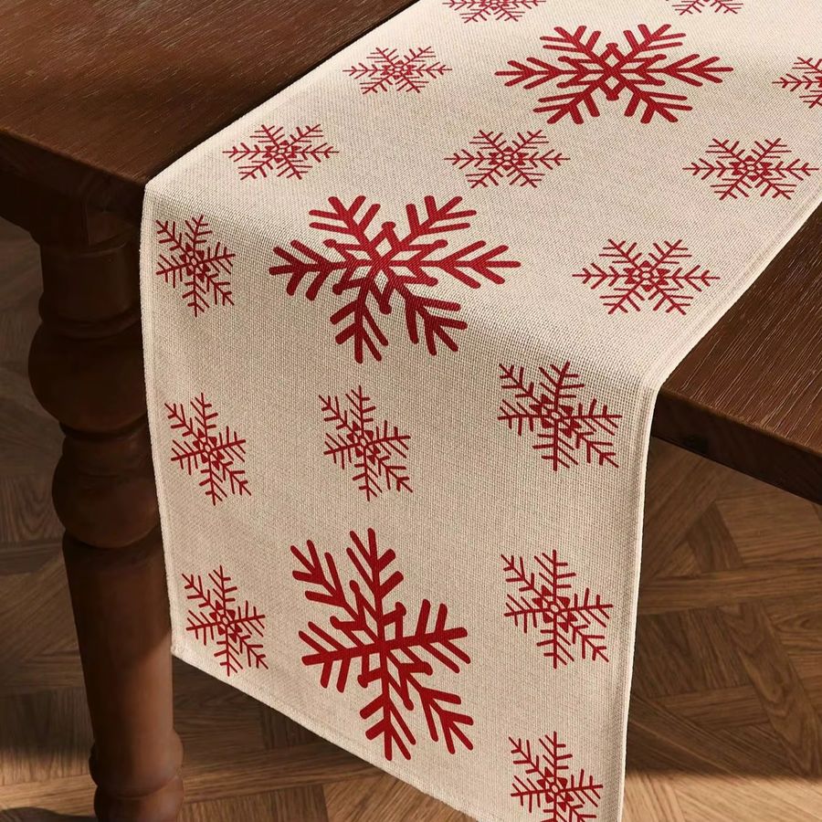 JIT Weihnachts-Tischläufer aus Leinen in Rot mit Schneeflockenmuster zur Tischdekoration - Bild 5