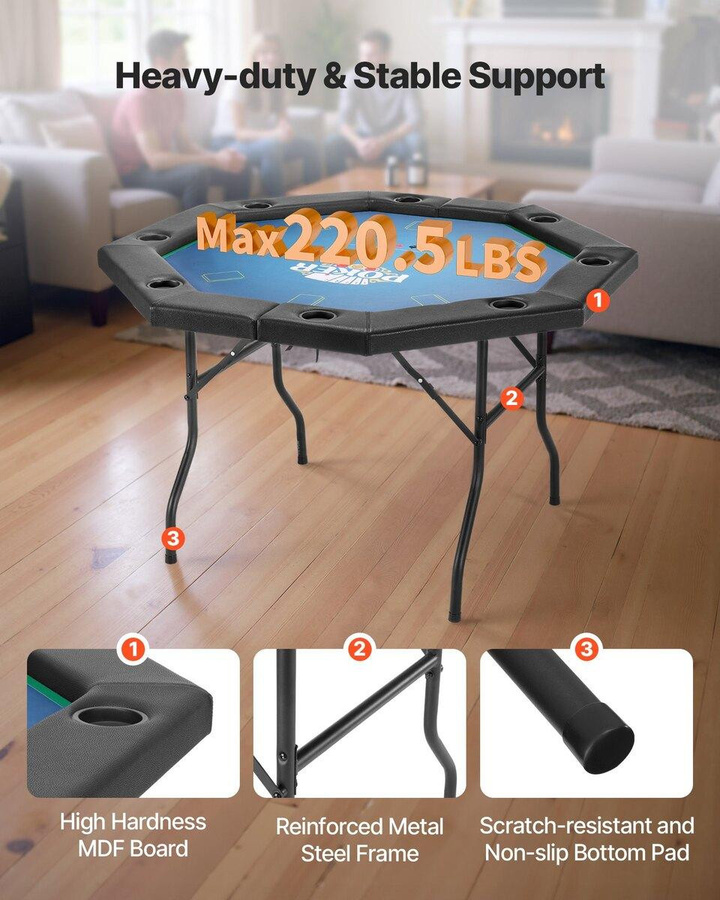 Faltbarer Pokertisch von Buying Solutions, MB für 8 Spieler, achteckiger Casino-Freizeittisch in Schwarz mit Filz und Metall, B/T/H: 132,5 x 132,5 x 76,5 cm - Bild 4