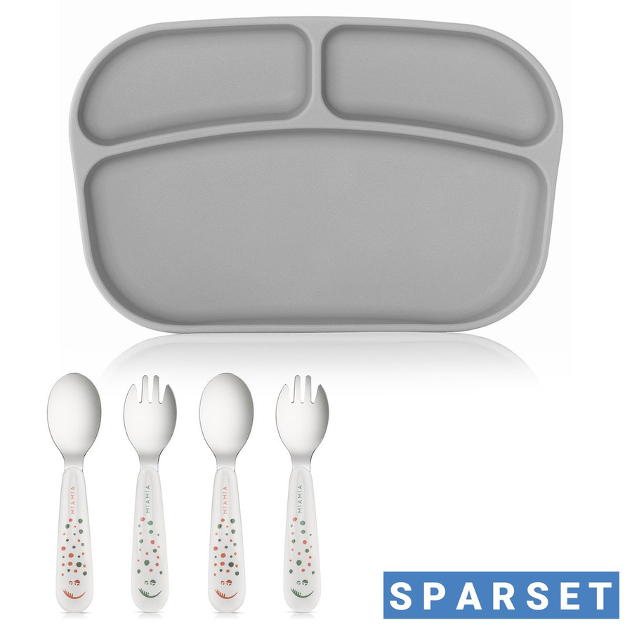 MiaMia 5-tlg. Esslern-Set aus Silikon in Grau, BPA-frei, inklusive Teller und Besteck - Bild 1