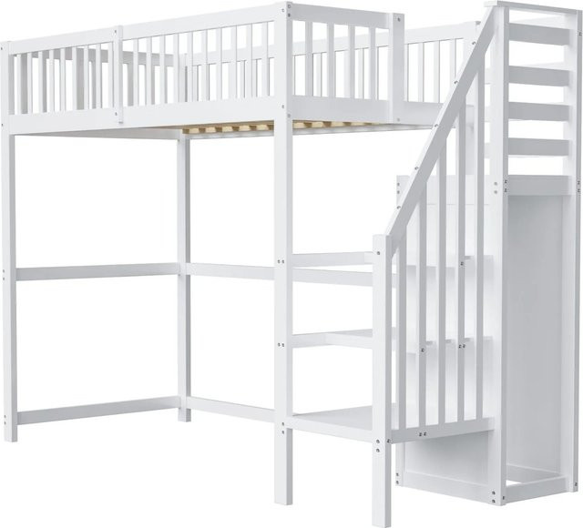 Merax Hochbett für Kinder mit Treppe und Stauraum in Weiß, B/T/H: 90 x 200 x 177,5 cm - Bild 1
