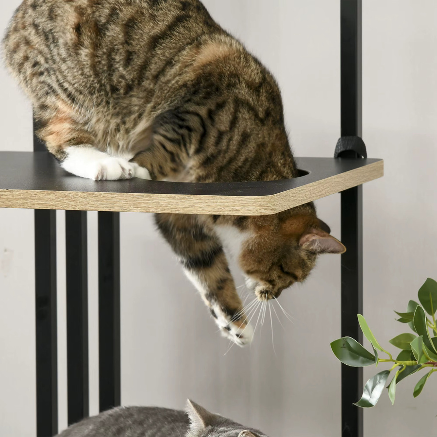 Svintora Katzen-Kratzbaum im Industrial Design mit Metallrahmen, drei Holzplattformen, zwei Plüsch-Liegematten und Sisal-Kratzwand in Schwarz Matt - Bild 5