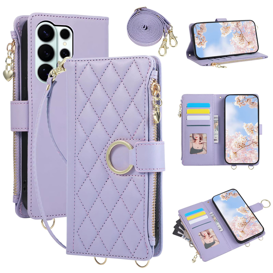 Lederne Crossbody-Handgelenkriemen Brieftasche und Handyhülle mit Kartenhalter für Samsung S25 Edge S26 Ultra S24 S23 S22 S21 Plus Flip in Orange - Bild 1