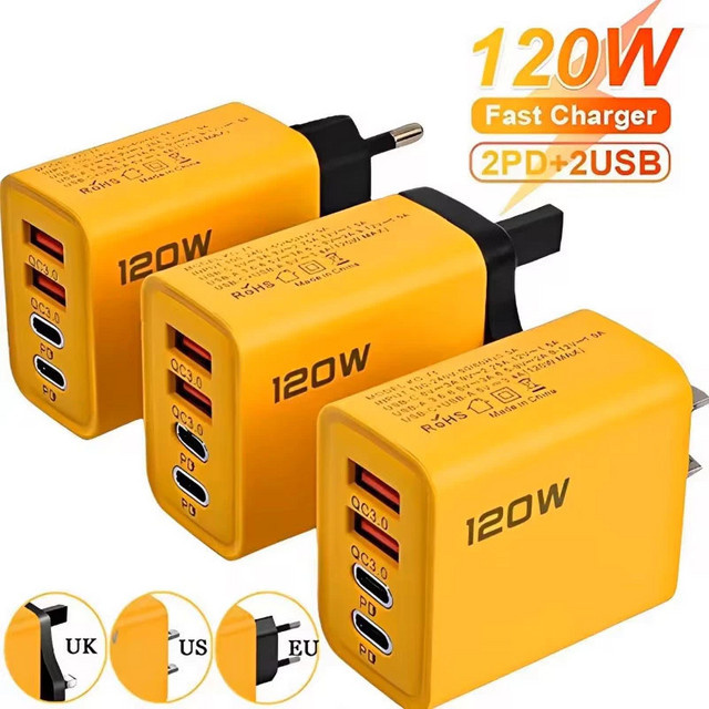 DIXSG USB C PD Schnellladegerät mit 4 Ports und Quick Charge 3.0 in Gelb für iPhone 16 15 Samsung Xiaomi Huawei - Bild 1