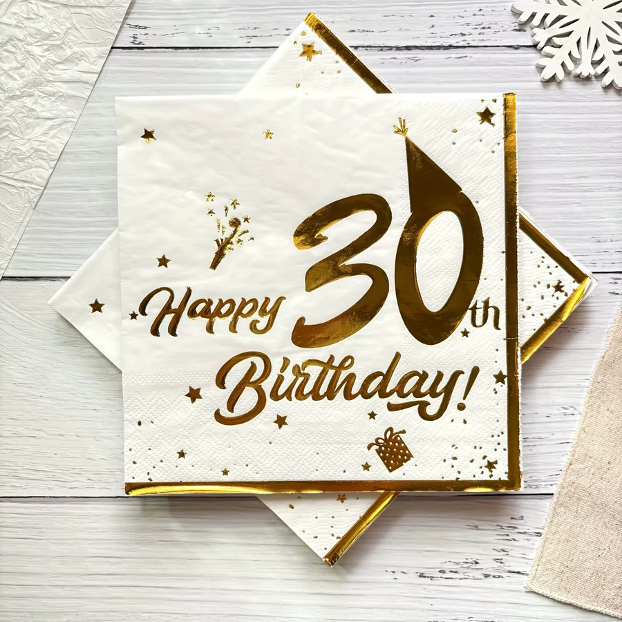 20-teiliges Set Happy Birthday Papierservietten in Weiß und Gold für deine Geburtstagsdekoration - Bild 1
