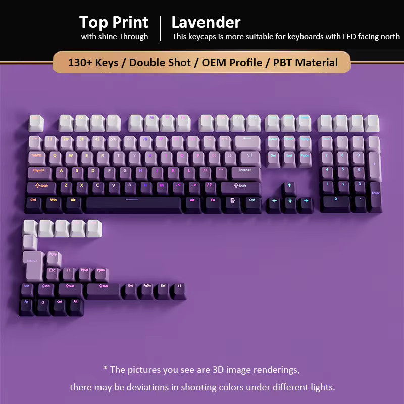 PBT Double Shot Tastenkappen Set mit 134 Tasten in Lavendel-Lila und Schwarz, OEM-Profil, transluzent, passend für mechanische Gamer-Tastaturen mit MX Switches - Bild 3