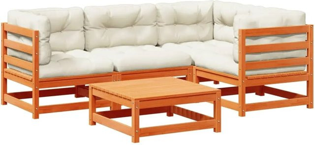 vidaXL 5-tlg. Garten-Sofagarnitur aus Kiefernholz in Wachsbraun mit Polstern und Kissen in Beige - Bild 1