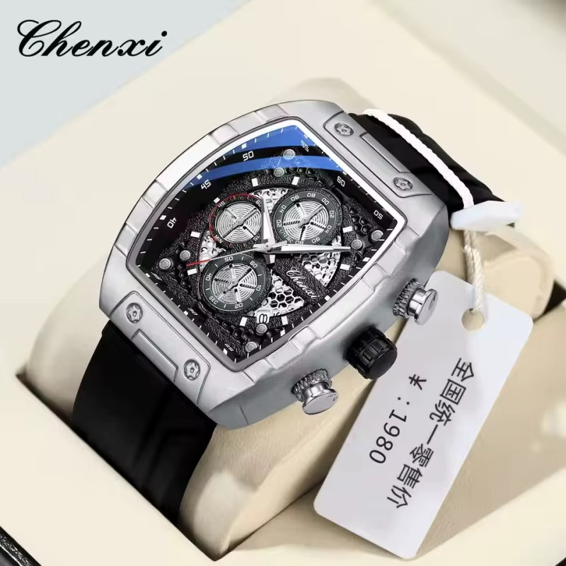 CHENXI Chronograph Herrenuhr, Quarz, Silikonarmband, Schwarz, Wasserdicht - Bild 3