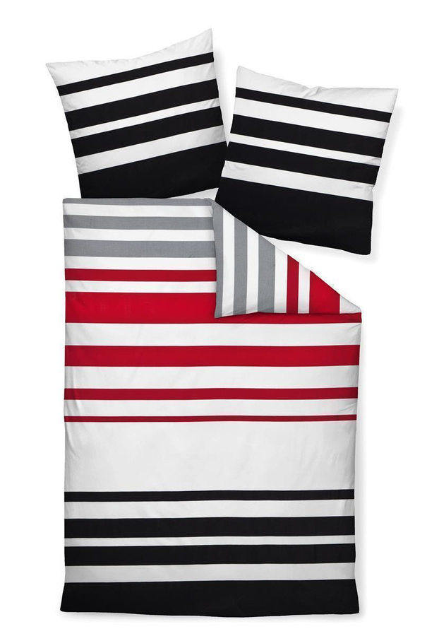 Janine J.D. Mako-Satin Bettwäsche aus Baumwolle mit Streifen in Schwarz, Rot und Weiß, B/H: 240 x 220 cm mit Kissenbezug 80 x 80 cm - Bild 1
