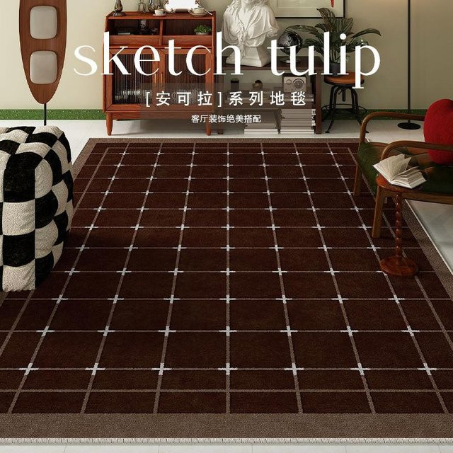 Karpetti Retro Karierter Teppich in Braun, Weiche Plüschmatte für Wohnzimmer und Schlafzimmer, B/T: 120 x 80 cm - Bild 1