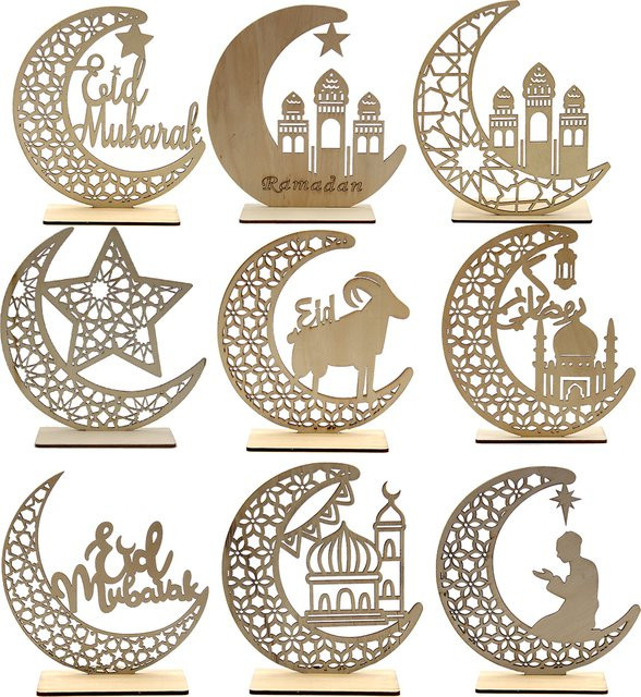 2er-Set Eid Mubarak Holzornamente mit Mond und Tempel als orientalische Tischdekoration für Ramadan Kareem und islamische Feierlichkeiten - Bild 1