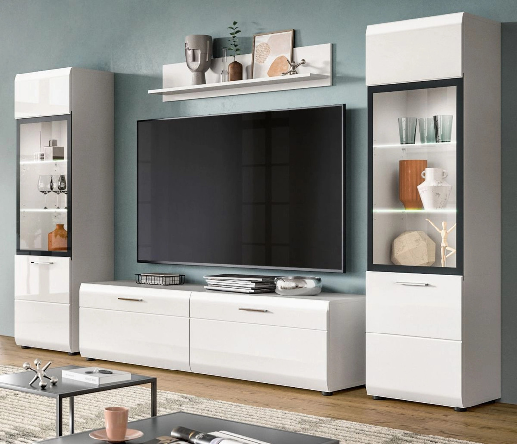 Inn.Furn Wohnwand in Weiß Hochglanz mit Vitrine und offenen Regalen, Breite: 280 cm, Höhe: 160 cm - Bild 1