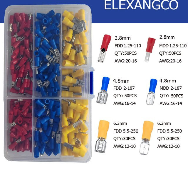 ELEXANGCO Isolierte Elektrische Schnelltrenn-Kabelverbinder Set mit Stecker und Buchsen 2,8/4,8/6,3 mm für 20-16/16-14/12-10 AWG - Bild 1