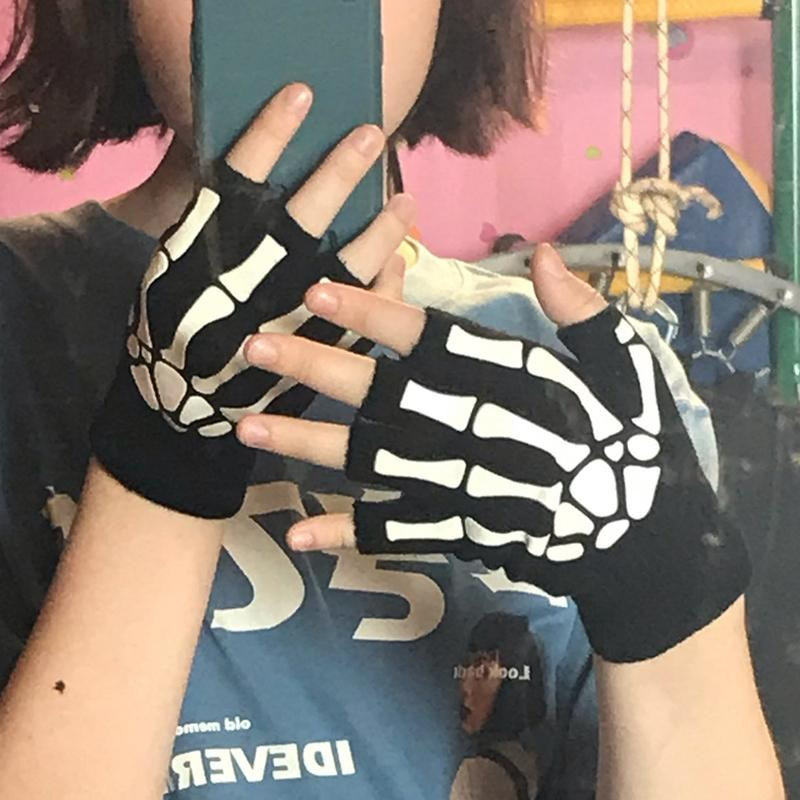 Halbfinger-Handschuhe Skelett-Schädel, leuchtet im Dunkeln, schwarz, Unisex - Bild 3