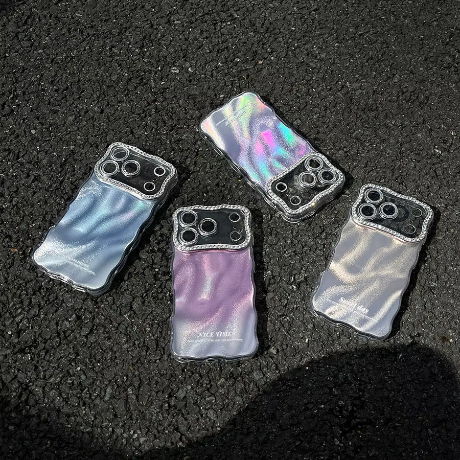 YuexTi Laser-Gradienten Wasser-Wellen Schutzhülle für iPhone 17 16 15 14 13 Pro Max Plus in Purple mit Bling Diamond Design und Kameraschutz - Bild 3