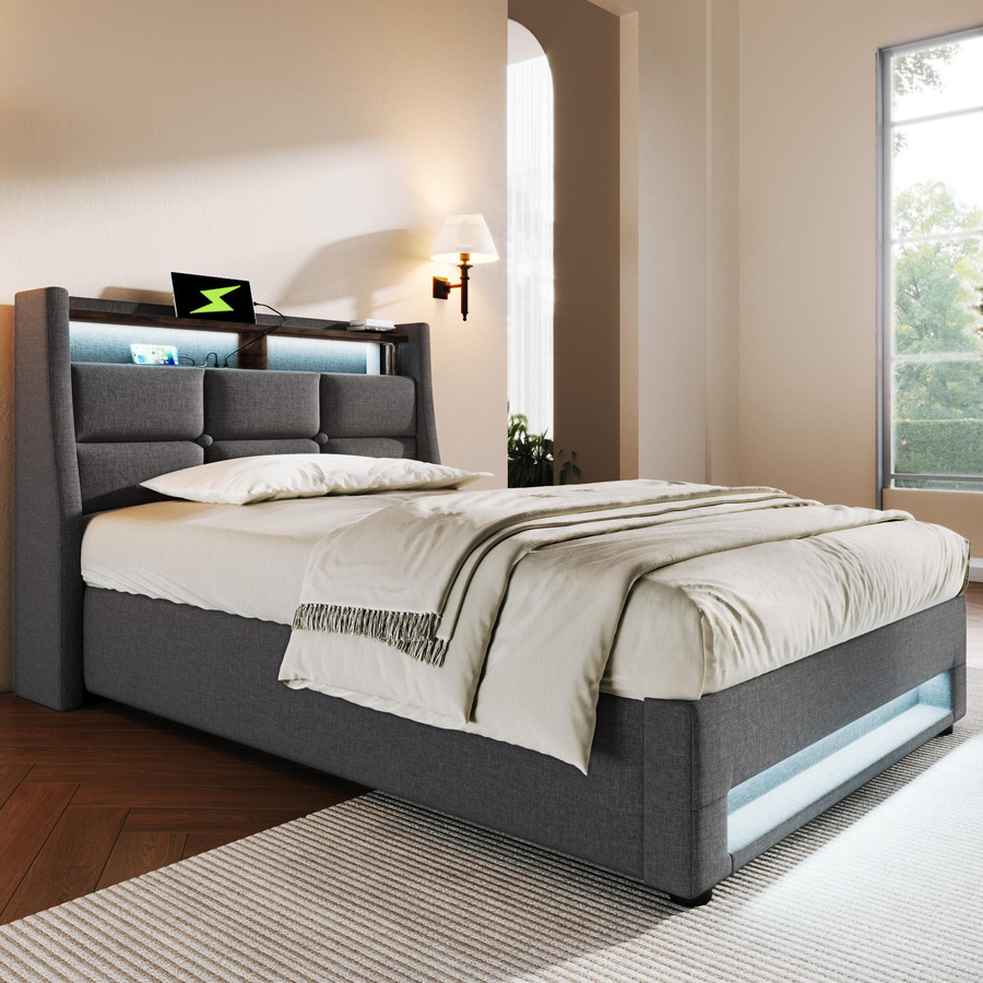 AB Store Polsterbett in Grau mit USB-Ladeport, Unterbettbeleuchtung und Stauraum durch Lift-up-Base, H x B x T: 210 x 95 x 117 cm - Bild 2