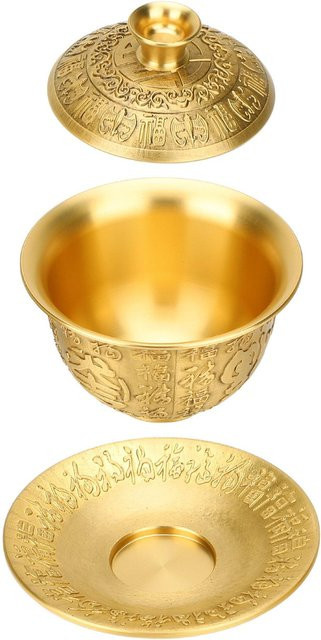 3-teiliges OutsideWorld Teegeschirr-Set mit Messingrelief und Glücksmuster, Teetasse mit Deckel und Untertasse, beige und gold, 300 ml - Bild 1