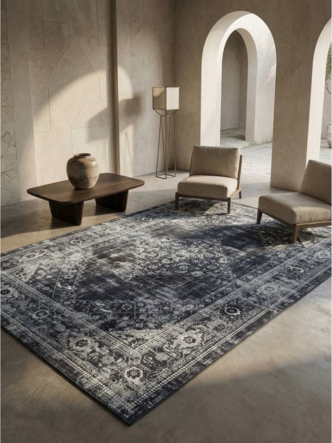 Waschbarer Flachwebteppich PIZOL von Kadima Design, orientalisch und modern, Schwarz, B: 140 cm, T: 200 cm - Bild 1