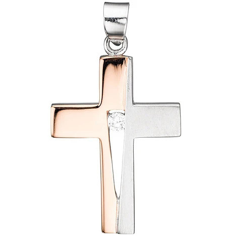 Colfem Anhänger Kreuz, 925 Silber, rotgold vergoldet, bicolor, Zirkonia, Unisex - Bild 1