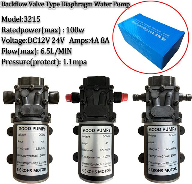 3215H Membranwasserpumpe mit Refluxventil, DC 12V/24V 100W, 6,5L/min, Metallmotor, Schwarz - Bild 1
