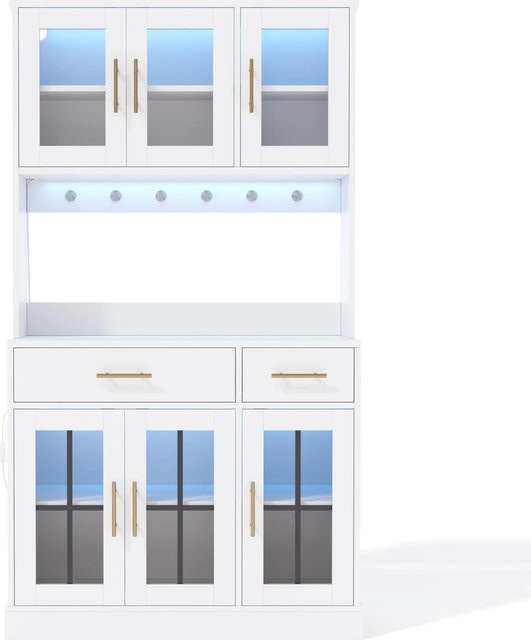okwish Küchenanrichte in Weiß mit LED-Leiste und Steckdose, modern mit 6 Türen und 2 Schubladen, B/T/H: 180 x 40 x 100 cm - Bild 1