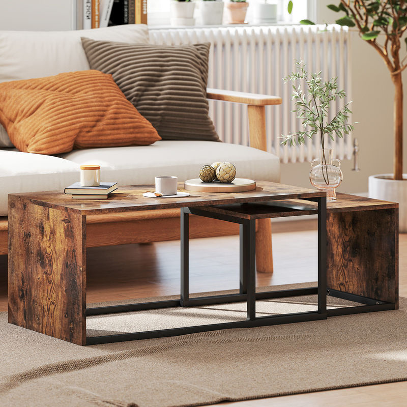 HOMCOM 2er-Set Couchtisch Satztisch mit MDF-Platte und Metallfuß in Schwarz und Braun - Bild 2
