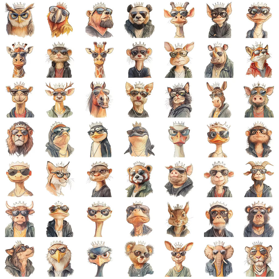 50 Stück Vintage Cool King Animal Vector Art Aufkleber aus PVC in Multicolour für DIY Skateboards und Handyhüllen - Bild 2