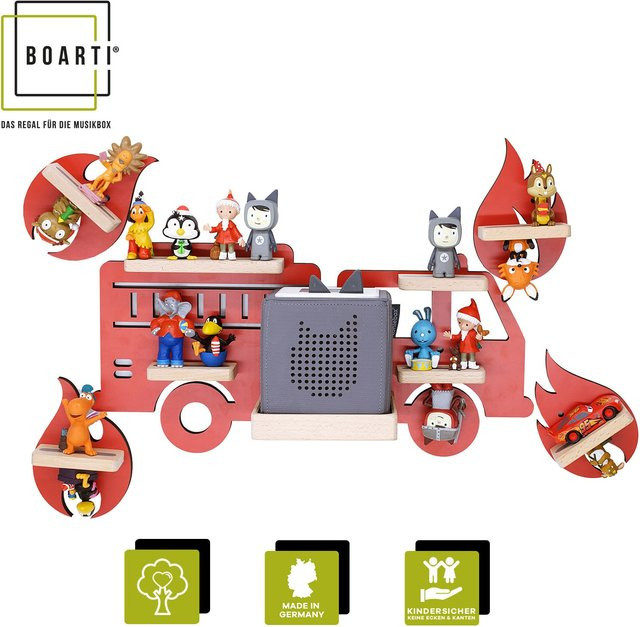 BOARTI Kinderregal Auto Feuerwehr aus Holz für Toniebox und Figuren, Wandregal mit Magneteinsätzen, H x B x T: 22 x 47 x 19 cm - Bild 1