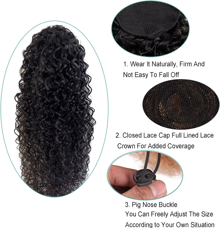 xbeauty Deep Wave Kordelzug-Pferdeschwanz, 100 % Echthaarverlängerungen, 100 g, natürliches Schwarz - Bild 3