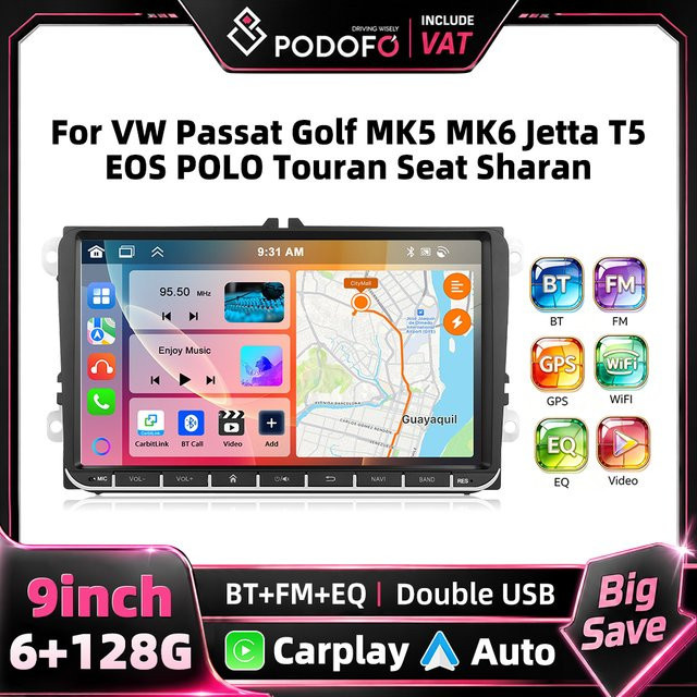 Podofo Android 2Din Autoradio mit 9 Zoll Touchscreen, GPS-Navigation und 6+128G Speicher, Schwarz, passend für VW Passat Golf MK5 MK6 Jetta T5 EOS Polo Touran und Seat Skoda - Bild 1