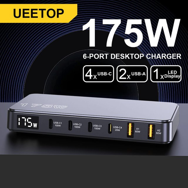 Ueetop 175 W GaN USB C Desktop-Ladegerät mit LED-Anzeige, 6-Port Schnellladestation mit PD 100 W und PPS 45 W für MacBook, Samsung und iPhone, Schwarz - Bild 1