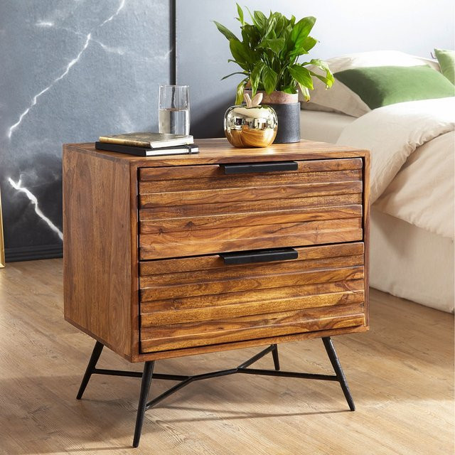 Finebuy Nachtkonsole aus Sheesham Massivholz in Braun mit 2 Schubladen im Industrial Design für dein Schlafzimmer - Bild 1