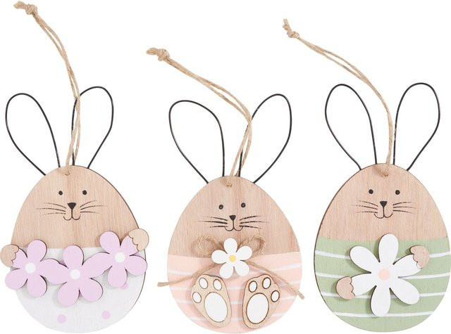 VBS Anhänger Hase Tilde 3er-Set aus Holz in Pastelllila, Pastellrosa und Multi für Ostern und Frühling - Bild 1