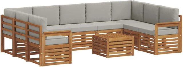 vidaXL Sofagarnitur aus Massivholz Akazie in Natur und Hellgrau, 10-teiliges Set mit Polsterung und Kissen im modernen Latten-Design - Bild 1
