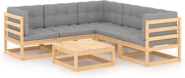 vidaXL 6-tlg Garten-Lounge-Set aus massivem Kiefernholz in L-Form mit grauen Polstern und Kissen - Bild 1