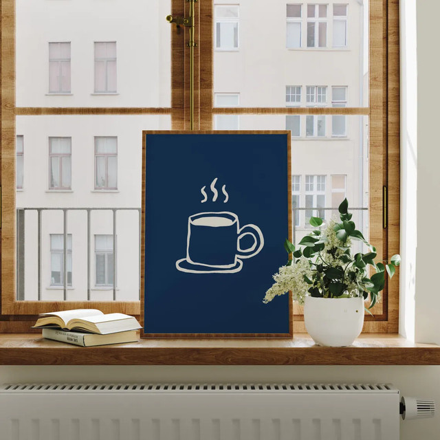Digitaler Druck Coffee Bar Wandkunst für deine Küche, minimalistisches Poster in Navy Blau, abstrakte Wanddekoration im rechteckigen Format - Bild 1